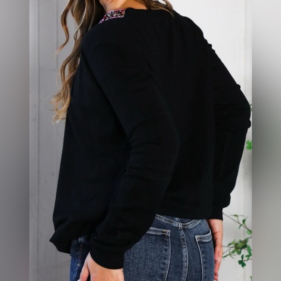 Black V-Neck Long Sleeve Sweater with Sequined Trim - Picture 3 of 4